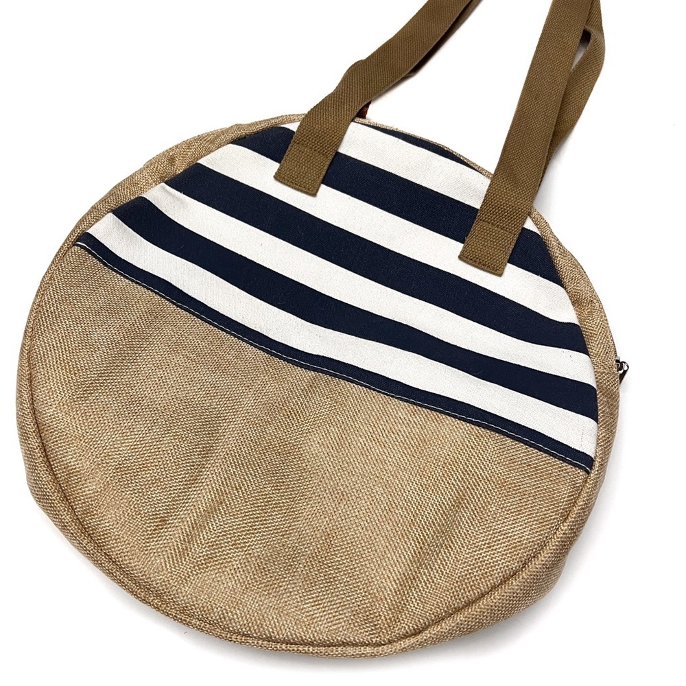 Round Canvas Tote Natural and Navy Blue and White Striped Fabric Beach B… - Picture 10 of 10